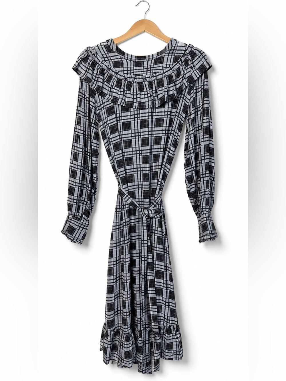 Porridge Plaid Tie Waist Dress Black White Cottagecore Prairie NWT Small